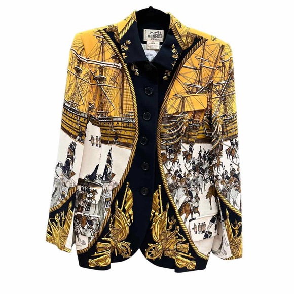 Hermes | Jackets & Coats | Hermes Blackgold Marine Et Cavalerie 0 Silk ...